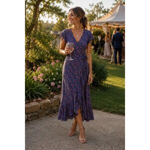 Entro Wrap Dress‎ Large Blue Floral Ruffle Midi Cottage Core Prairie Boho 1165